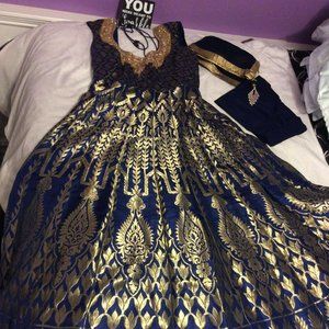 Blue and Gold Gown with Indian Embroidery